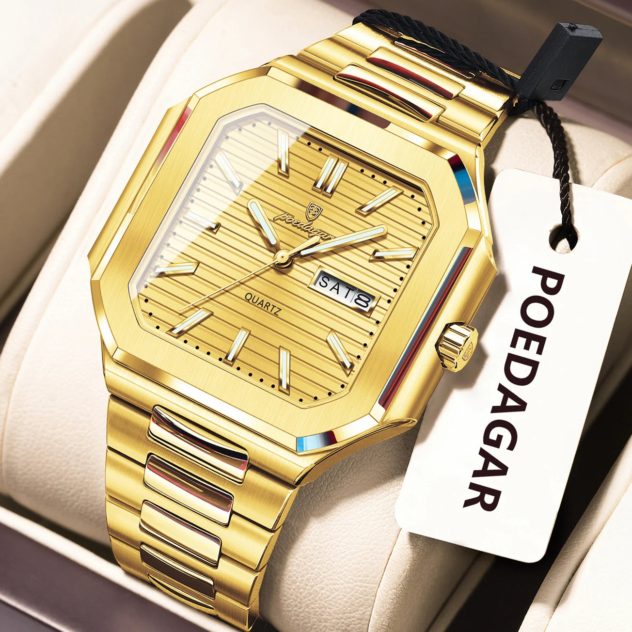 POEDAGAR Top Luxury Brand Male Watch Waterproof Luminous Date Week Quartz Men's Watches Stainless Steel Fashion Square Men Watch