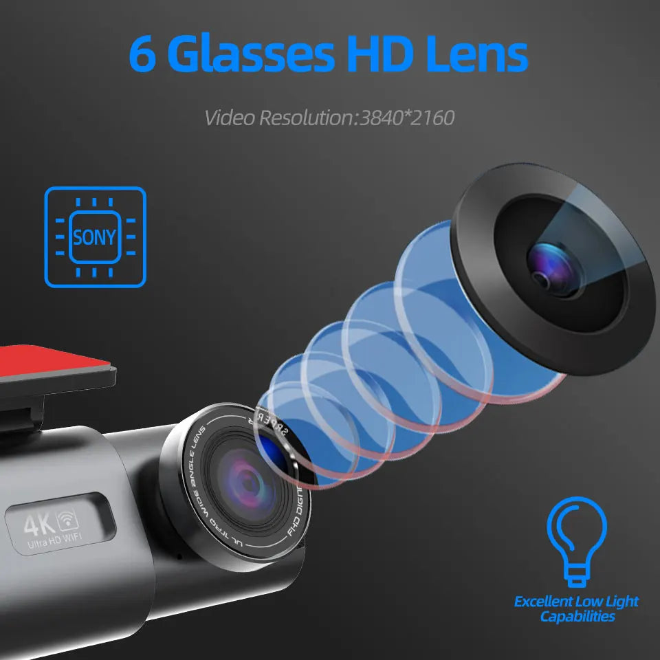 Dash Cam 4K UHD Recording Car Camera DVR us Night Vision Video Recorder Built-In Wi-Fi Support GPS 24H Parking