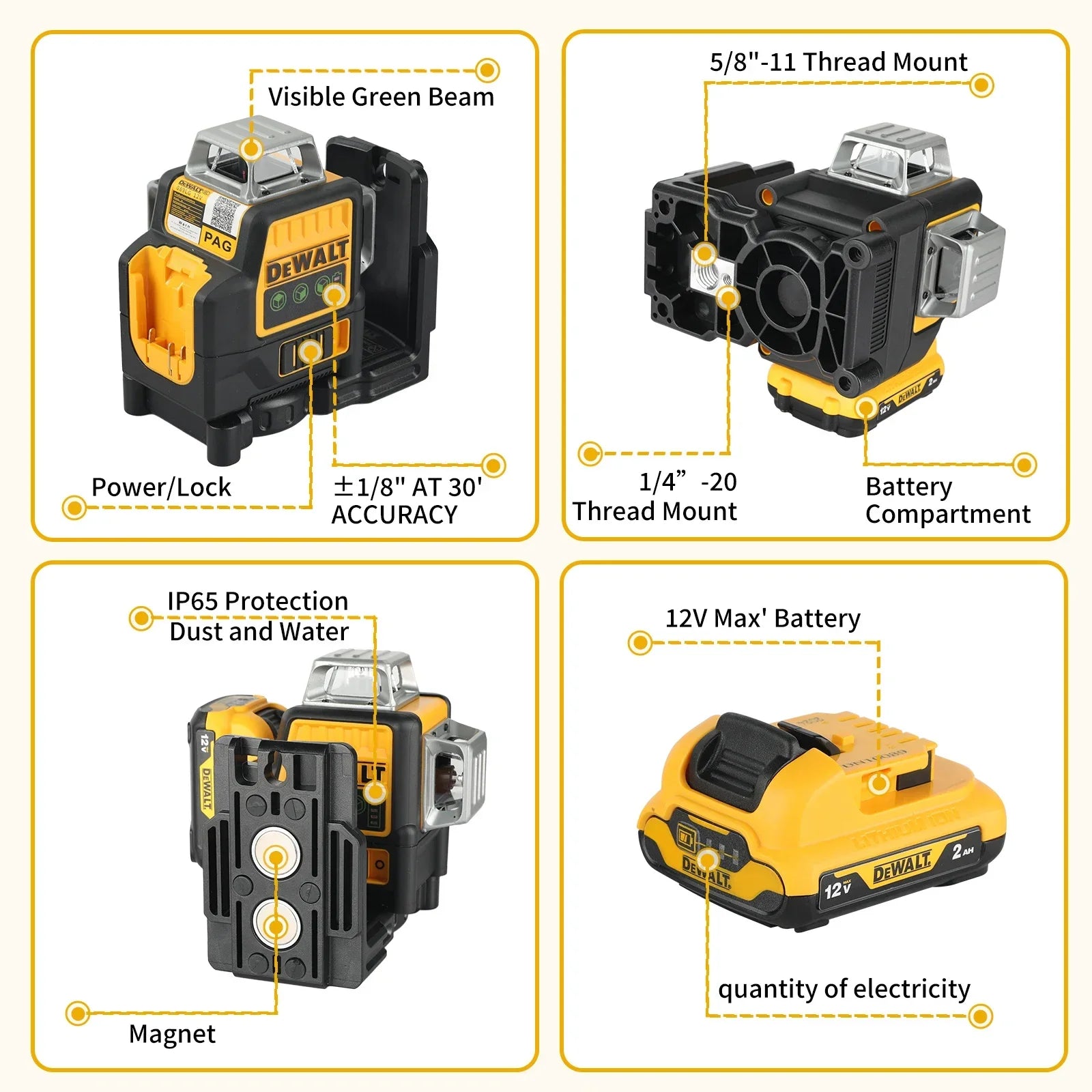 Dewalt us DW089LG12-Line Green Laser Level,360°Auto Leveling Cordless Rechargeable Measuring Tool for Construction Professional Use