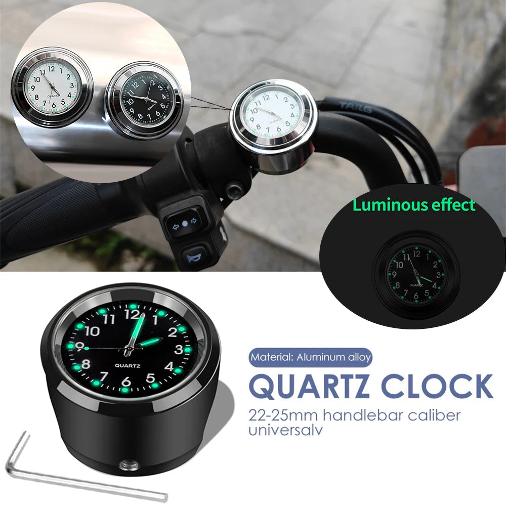 7/8" Motorcycle Clock Chrome Waterproof Bike Handlebar Mount Quartz Watch Aluminum Luminous Clock Moto Accessories Universal