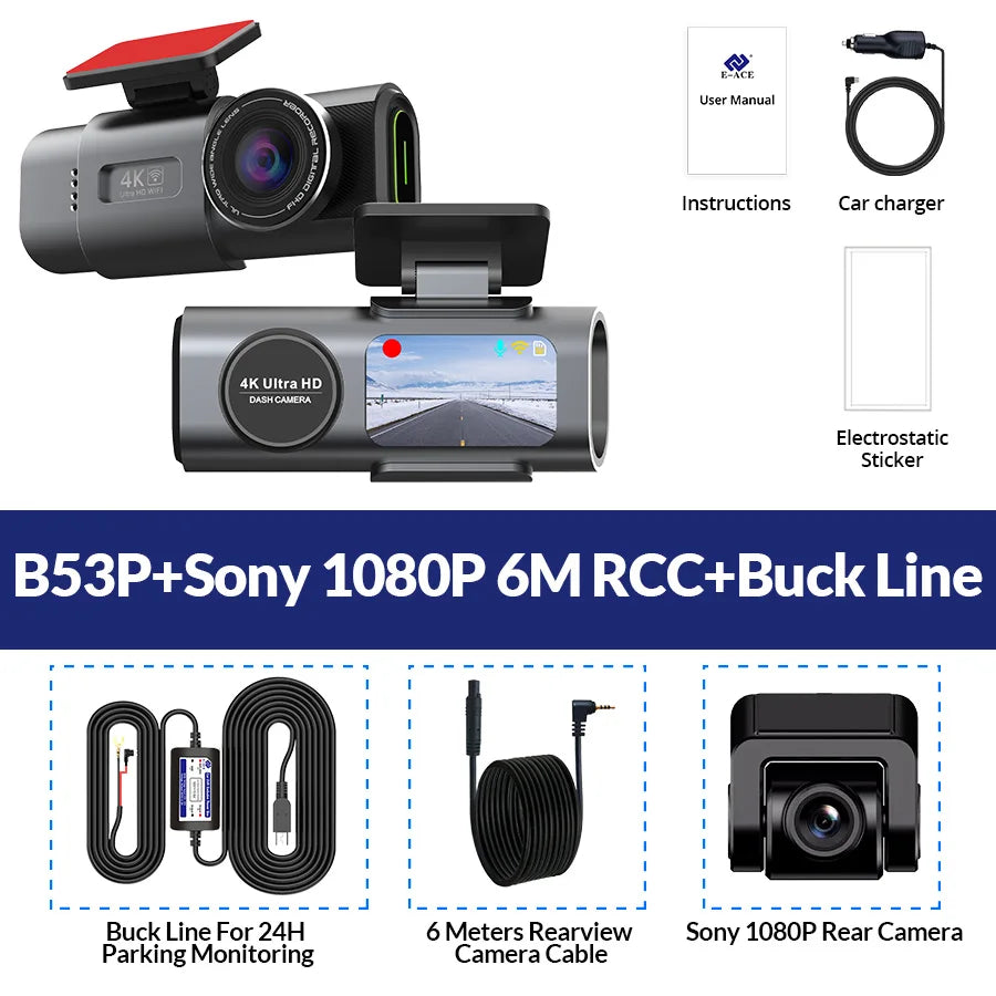 Dash Cam 4K UHD Recording Car Camera DVR us Night Vision Video Recorder Built-In Wi-Fi Support GPS 24H Parking