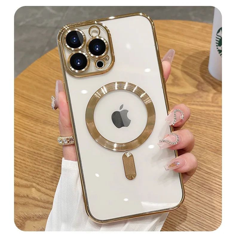 Luxury Plating For Magsafe Case For iPhone 16 15 14 13 12 11 Pro Max Wireless Charge Magnetic Cover With Camera Lens Protector