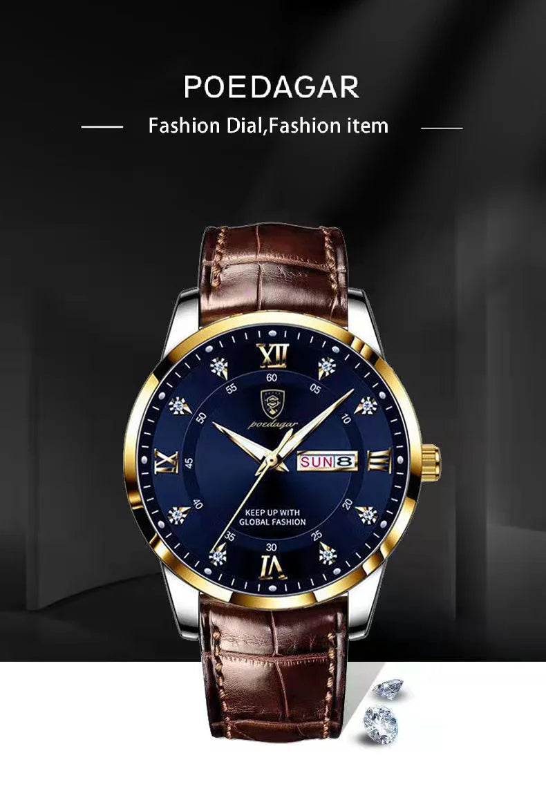 POEDAGAR Original High Quality Men Watch Waterproof Luminous Leather Sports Man Wristwatch Quartz Stylish Casual Watches For Men