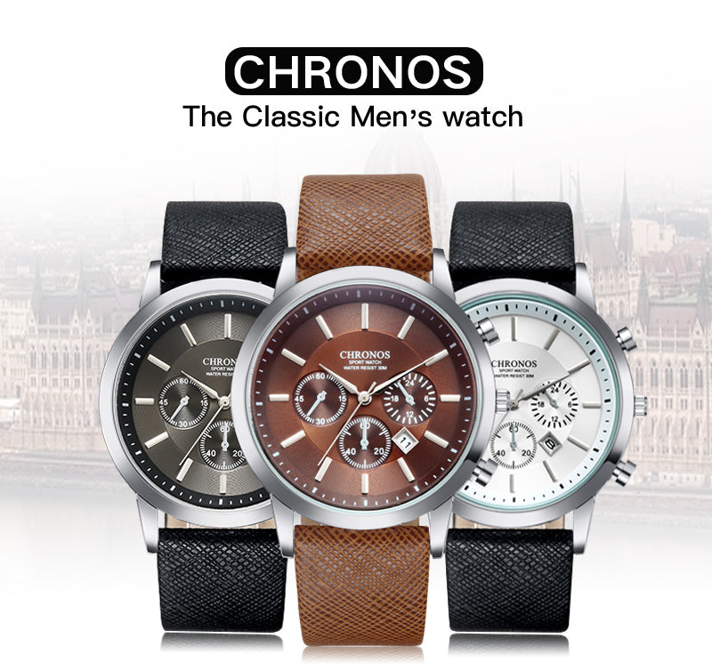 CHRONOS Mens Watches Male Sport Business Quartz Wristwatch  Dress Leather Clock Causal Military Timepiece Relogio Masculino
