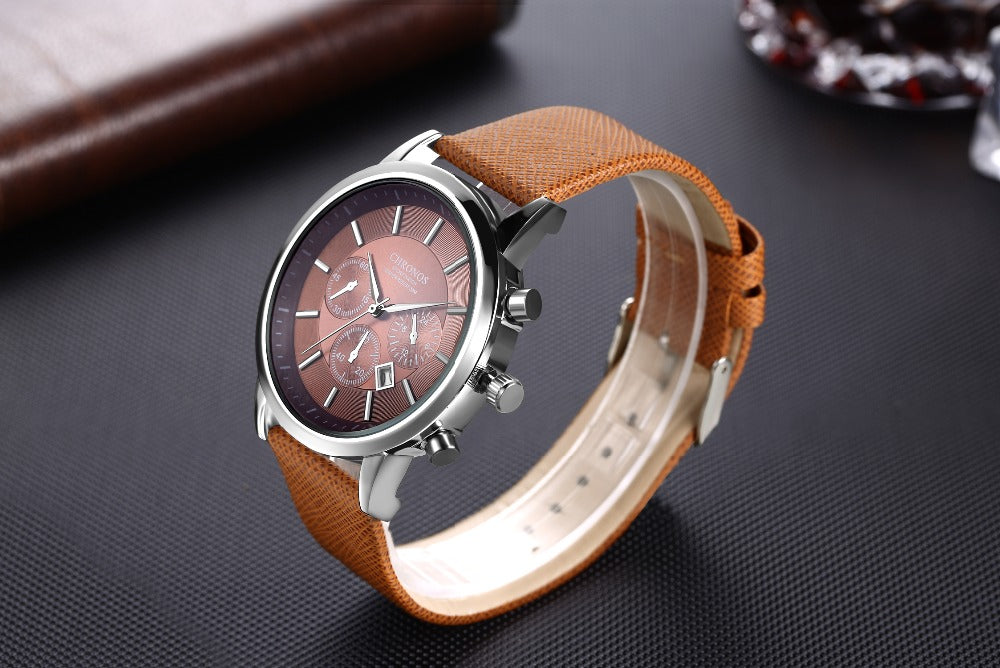 CHRONOS Mens Watches Male Sport Business Quartz Wristwatch  Dress Leather Clock Causal Military Timepiece Relogio Masculino