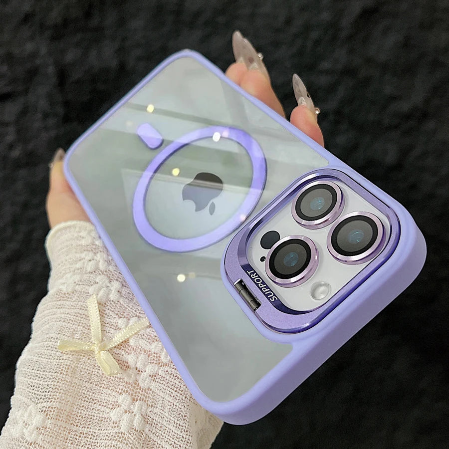 Luxury Magnetic Shockproof Phone Case For iPhone 17 15 16 14 13 12 11 Pro Max For Magsafe Funda Stand Glass Lens Protector Cover