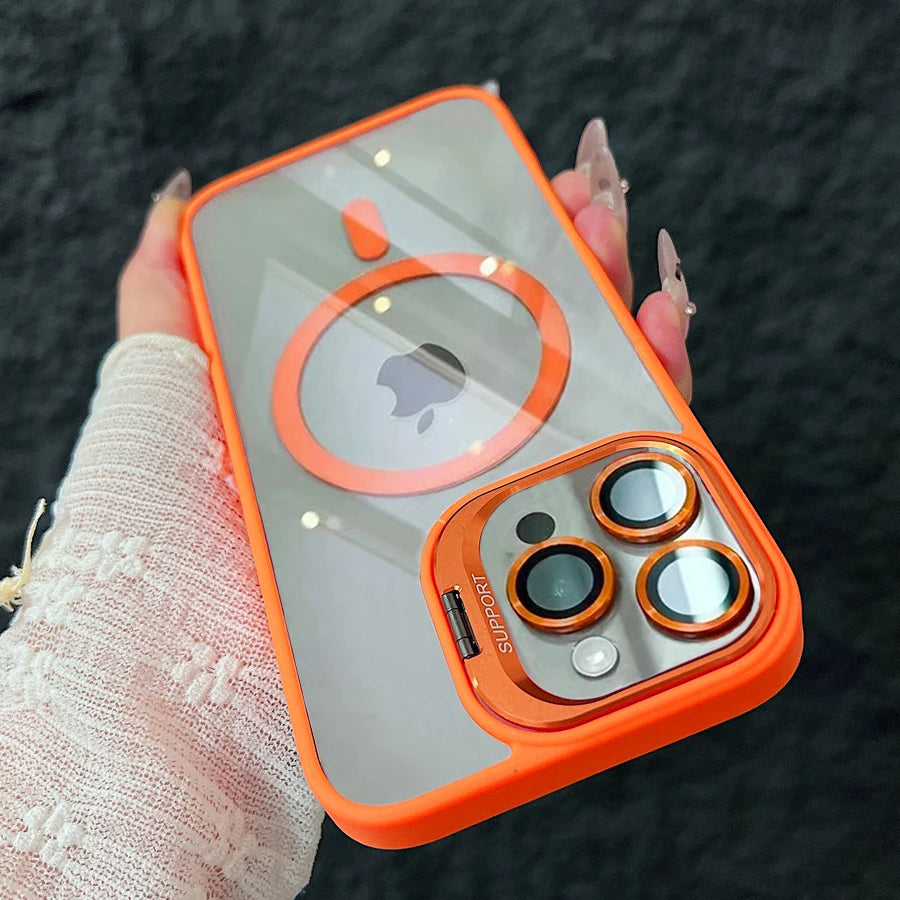Luxury Magnetic Shockproof Phone Case For iPhone 17 15 16 14 13 12 11 Pro Max For Magsafe Funda Stand Glass Lens Protector Cover