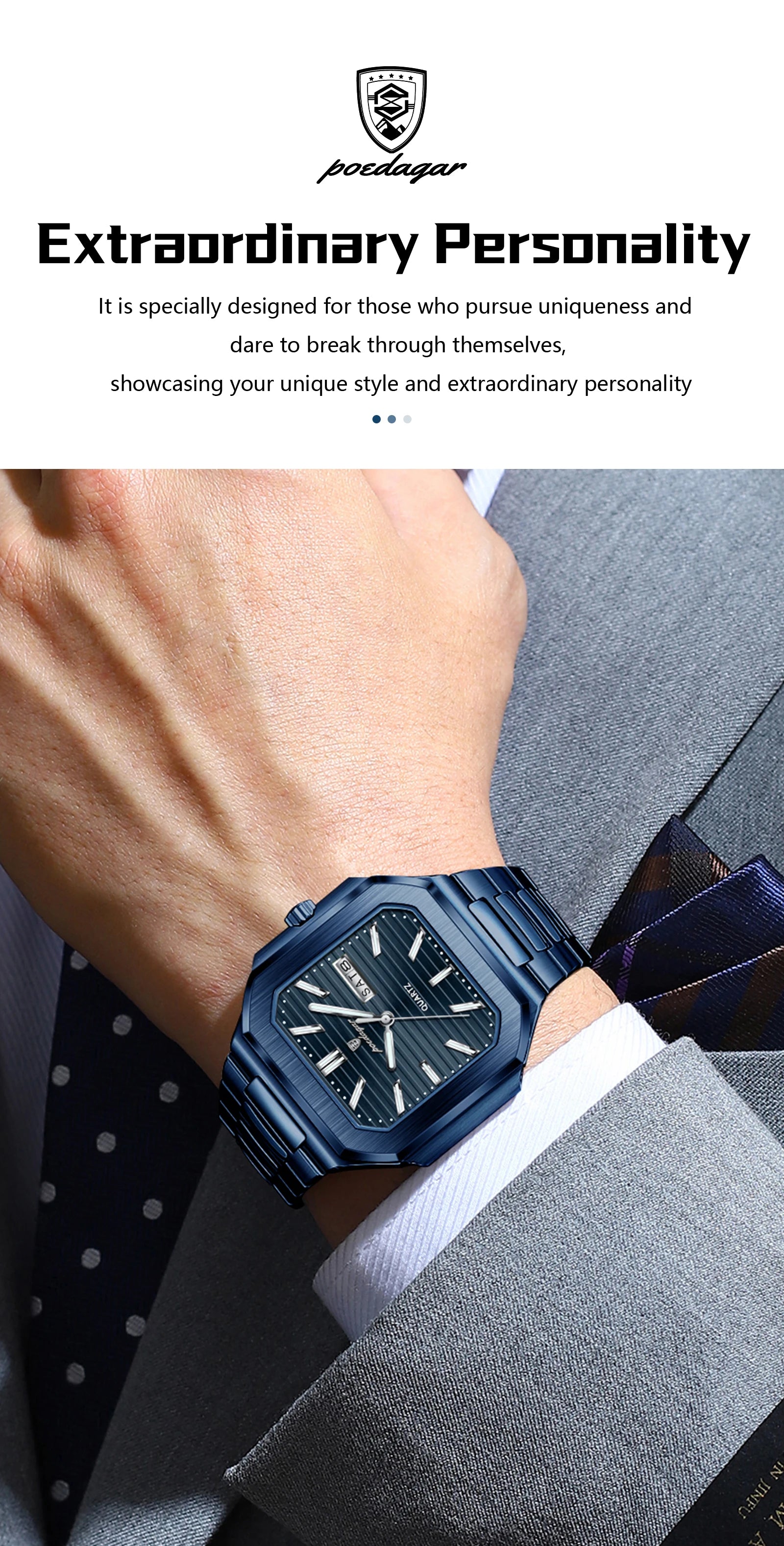 POEDAGAR Top Luxury Brand Male Watch Waterproof Luminous Date Week Quartz Men's Watches Stainless Steel Fashion Square Men Watch