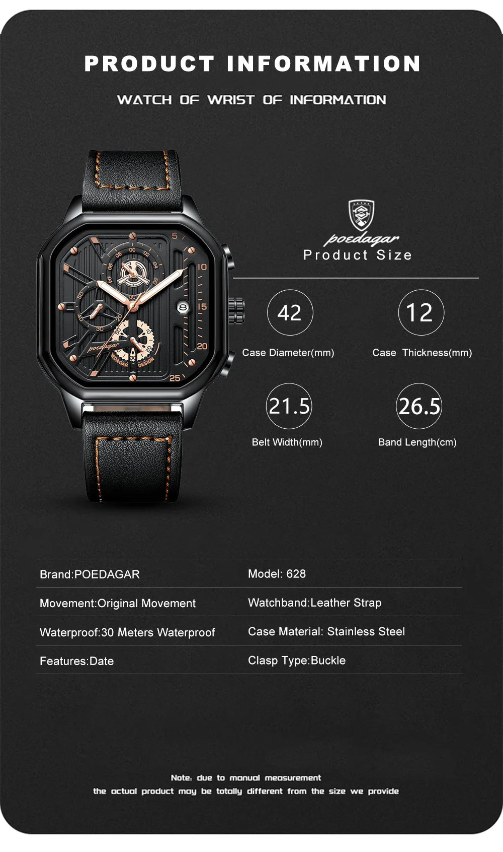 POEDAGAR New Luxury Casual Men's Quartz Watch Chronograph Date Waterproof Luminous Leather Man Watches Military Sports Men Watch