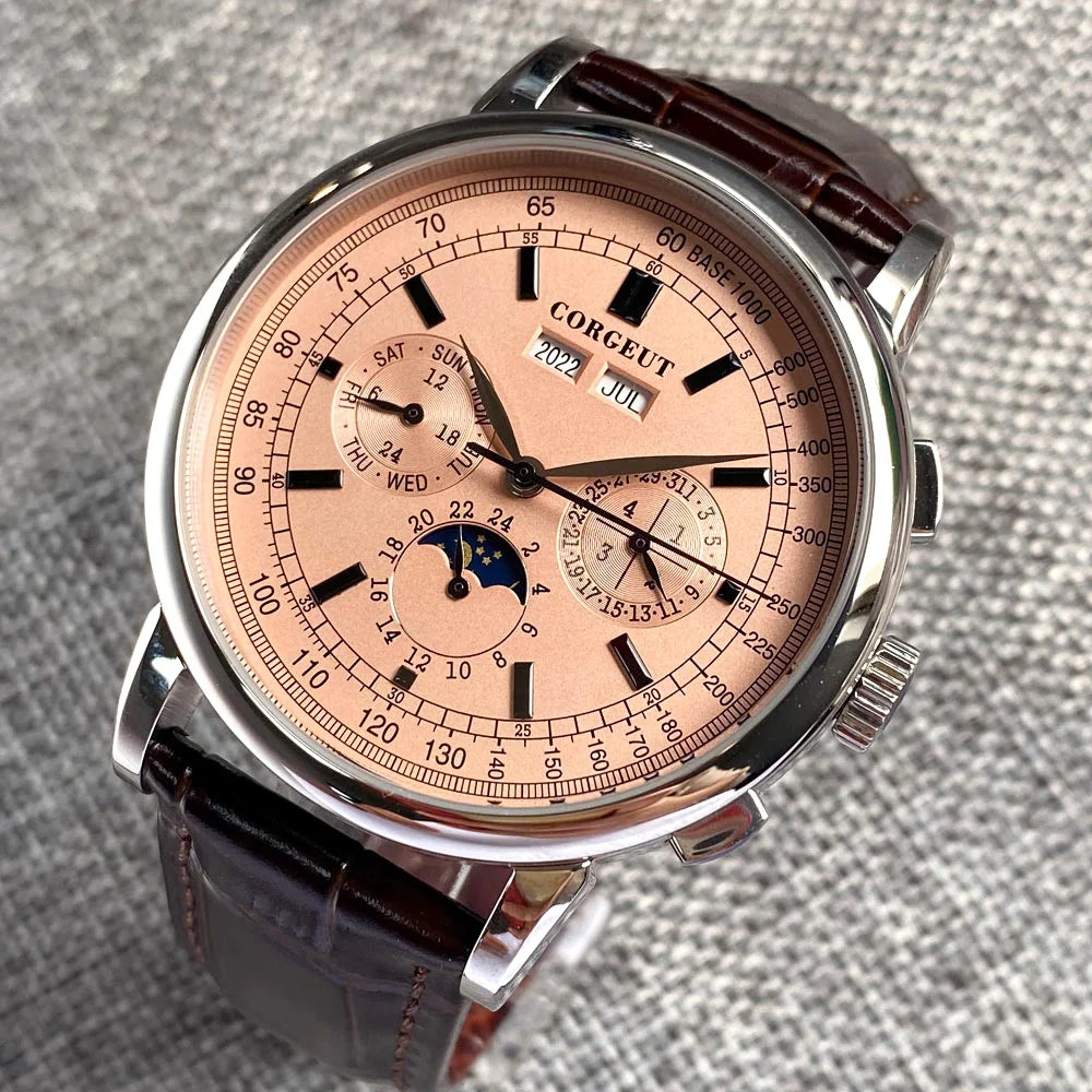 Corgeut 42mm Automatic Men's Watch Date Day Month Year Salmon Dial Multifunction 316L Leather Strap Polished Case Day Night