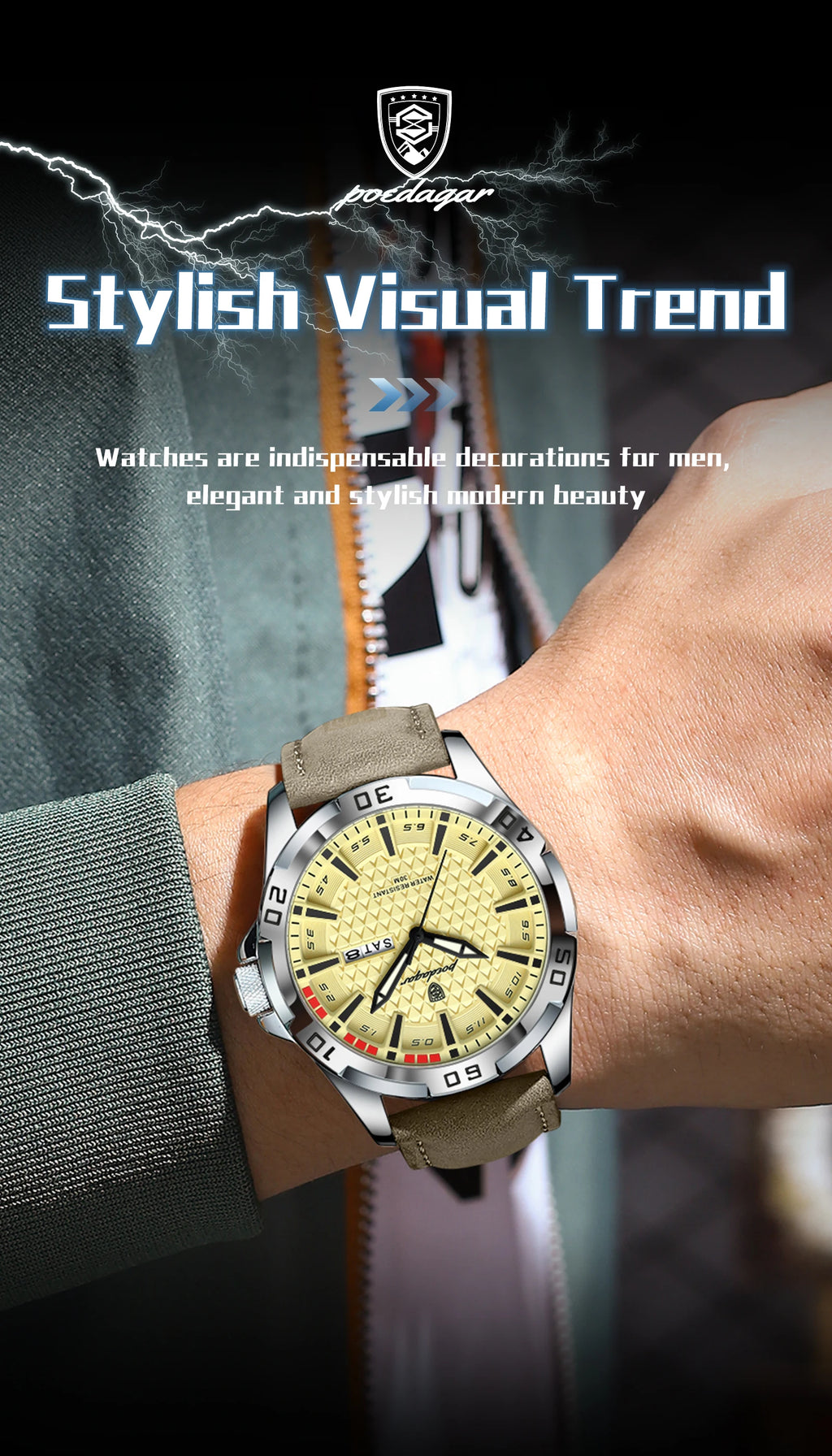 POEDAGAR Top Casual Sports Men Watch Waterproof Luminous Date Week Fashion Watch For Man Leather Classic Men's Quartz Wristwatch