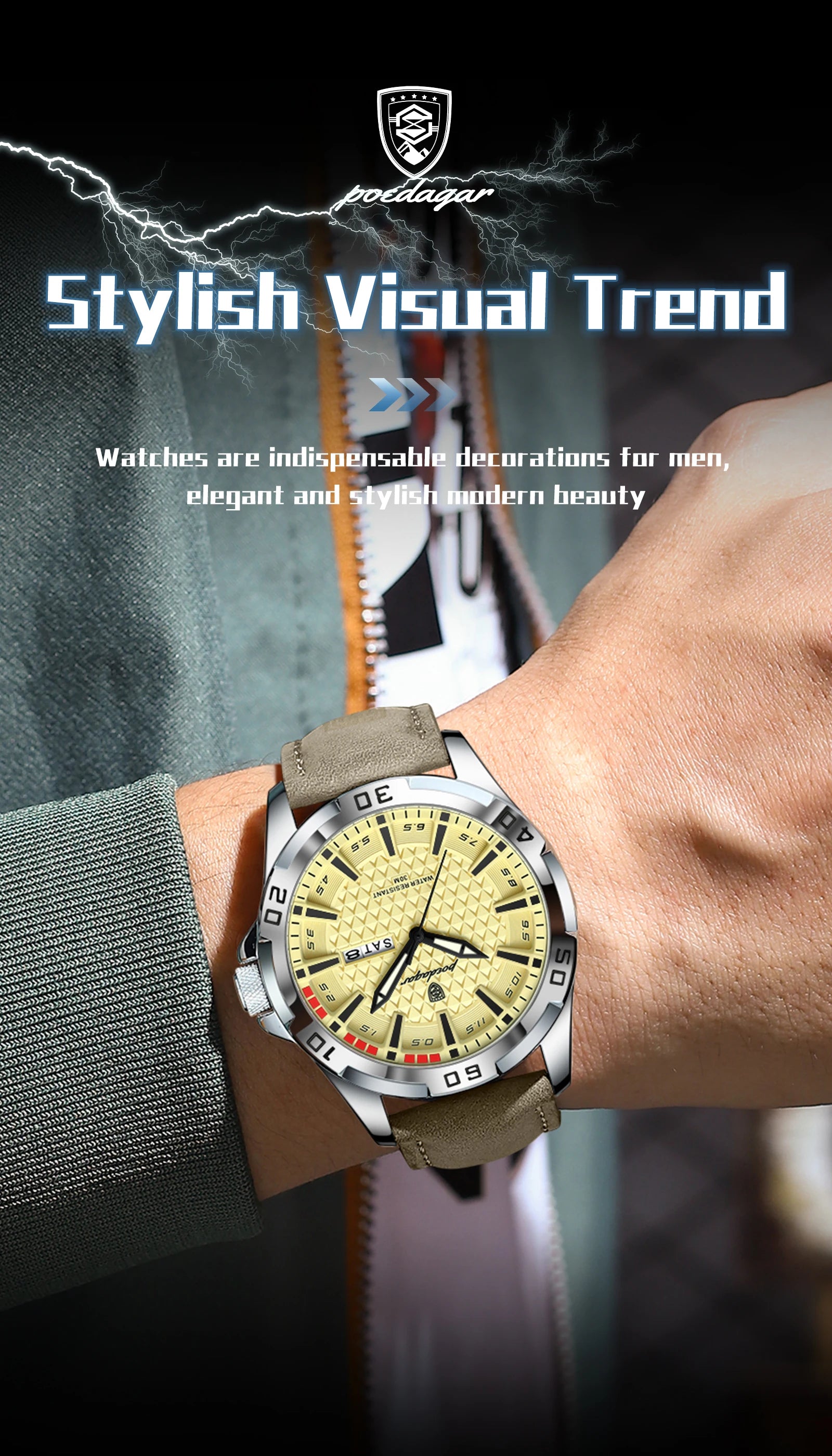 POEDAGAR Top Casual Sports Men Watch Waterproof Luminous Date Week Fashion Watch For Man Leather Classic Men's Quartz Wristwatch