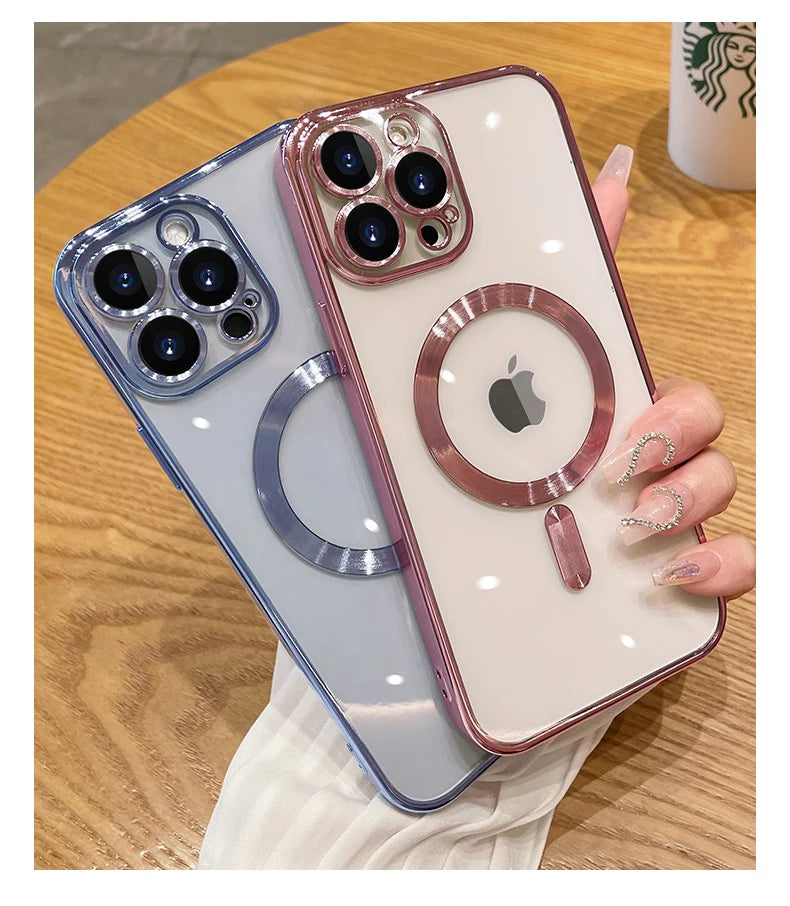 Luxury Plating For Magsafe Case For iPhone 16 15 14 13 12 11 Pro Max Wireless Charge Magnetic Cover With Camera Lens Protector