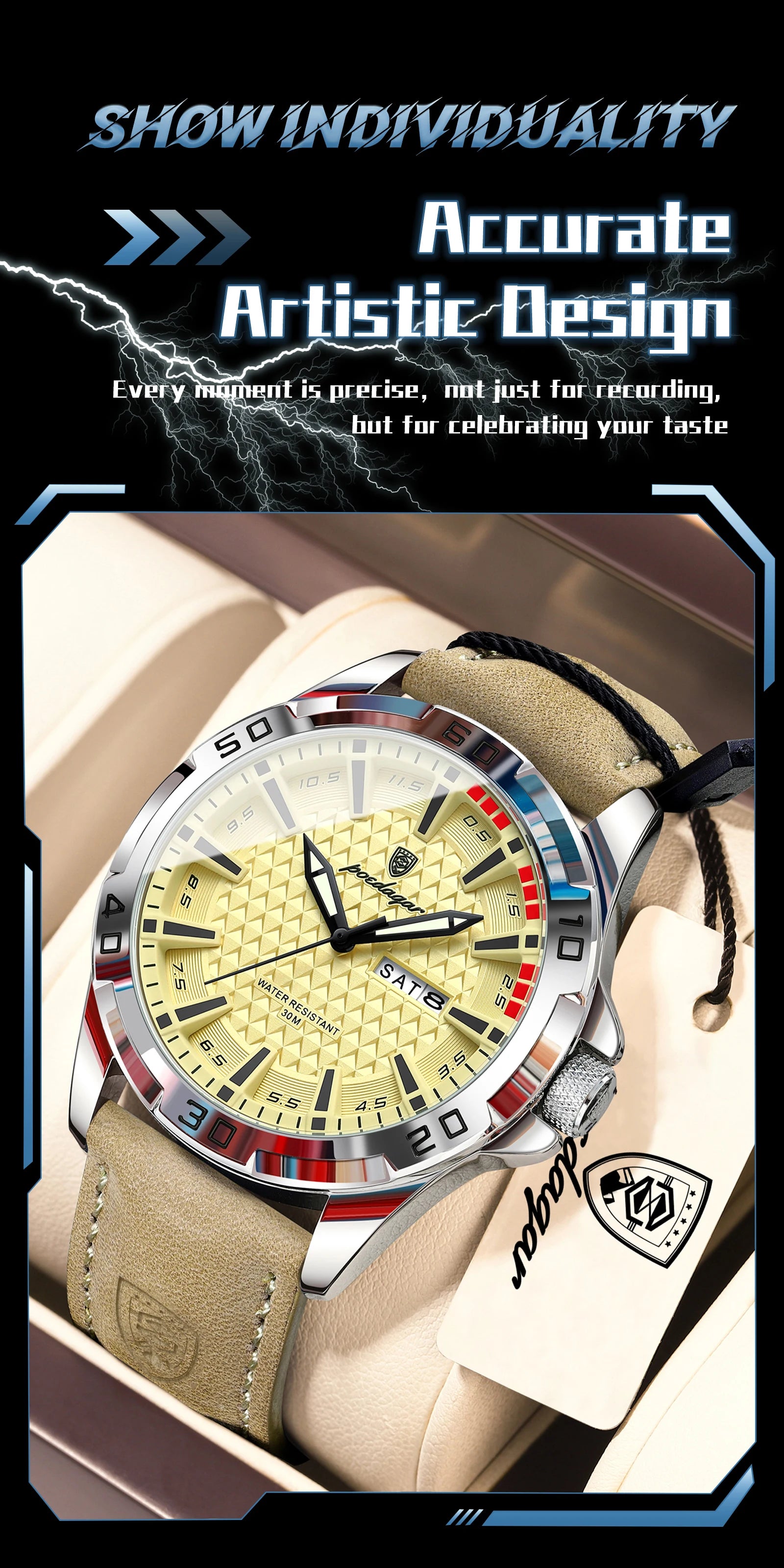POEDAGAR Top Casual Sports Men Watch Waterproof Luminous Date Week Fashion Watch For Man Leather Classic Men's Quartz Wristwatch