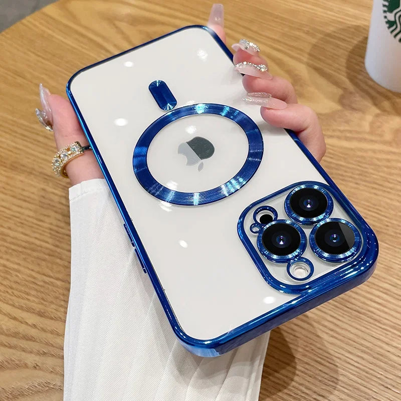Luxury Plating For Magsafe Case For iPhone 16 15 14 13 12 11 Pro Max Wireless Charge Magnetic Cover With Camera Lens Protector