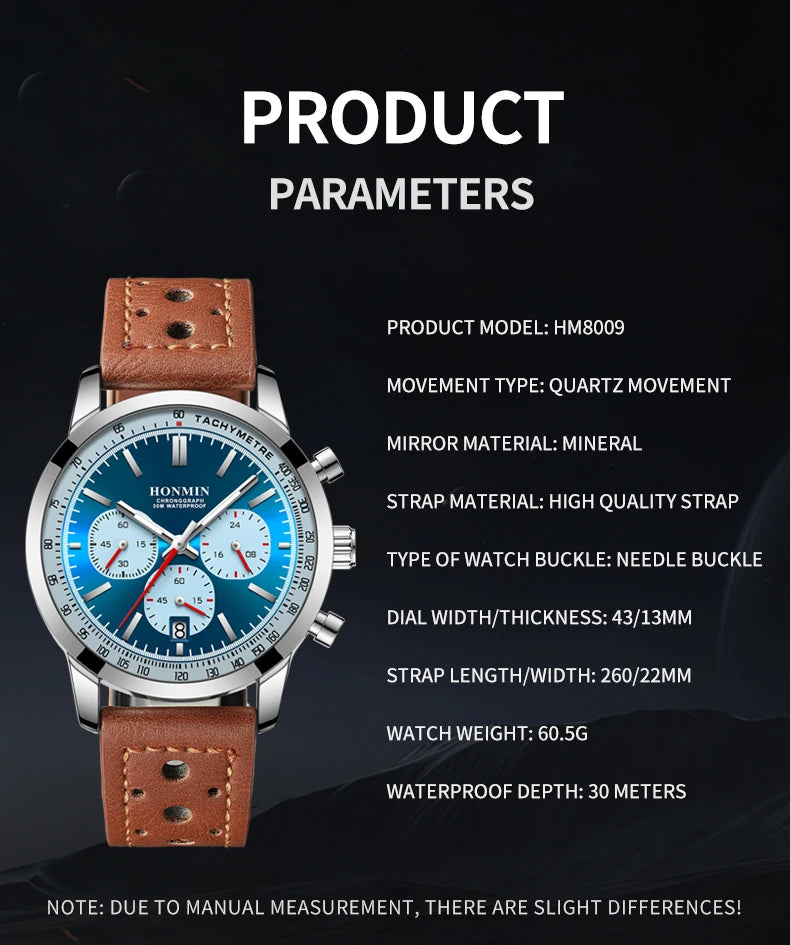 HONMIN Man Luxury Watch High Quality Waterproof Chronograph Luminous Men's Wristwatch Leather Men Quartz Watches Casual Clock