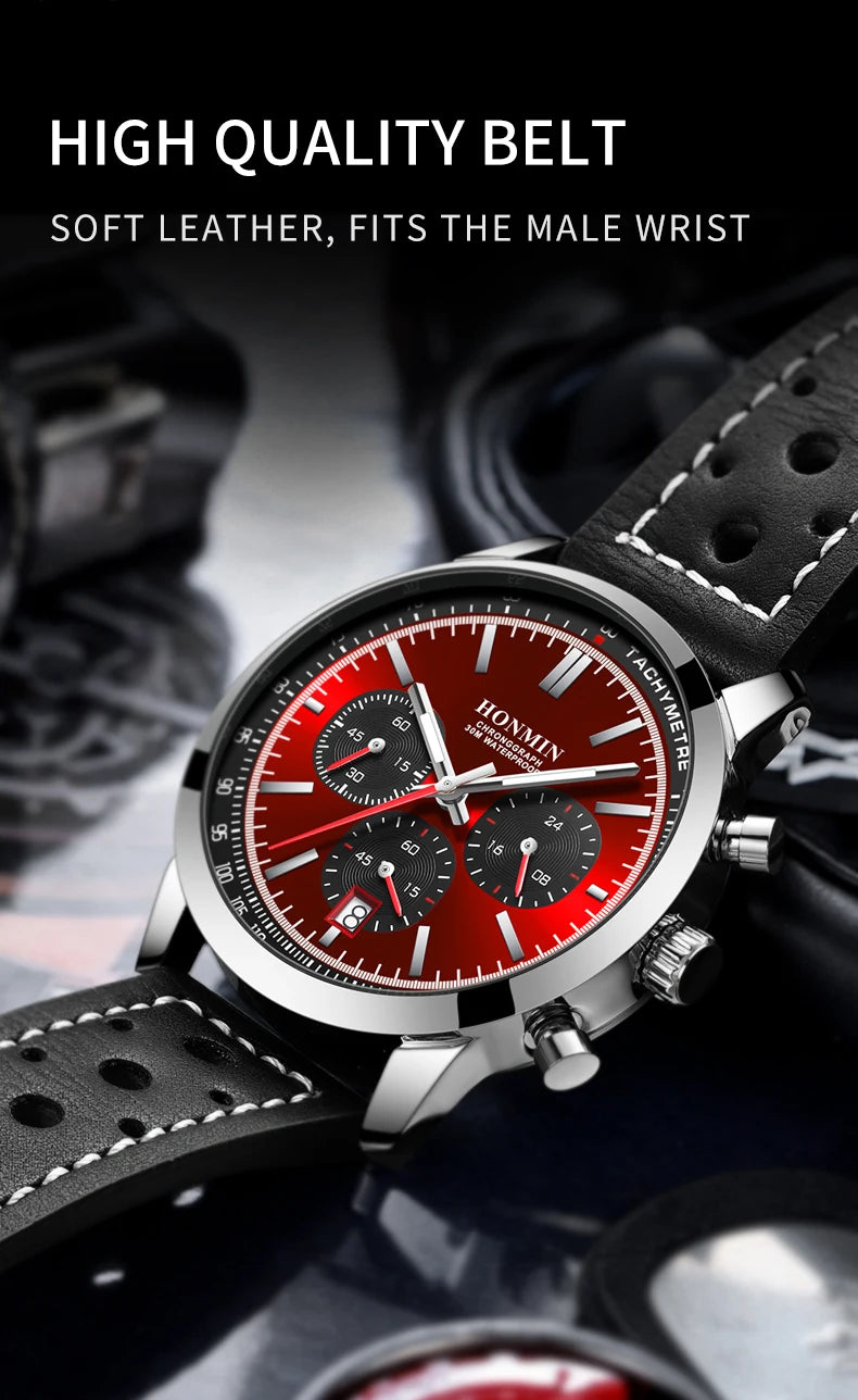 HONMIN Man Luxury Watch High Quality Waterproof Chronograph Luminous Men's Wristwatch Leather Men Quartz Watches Casual Clock