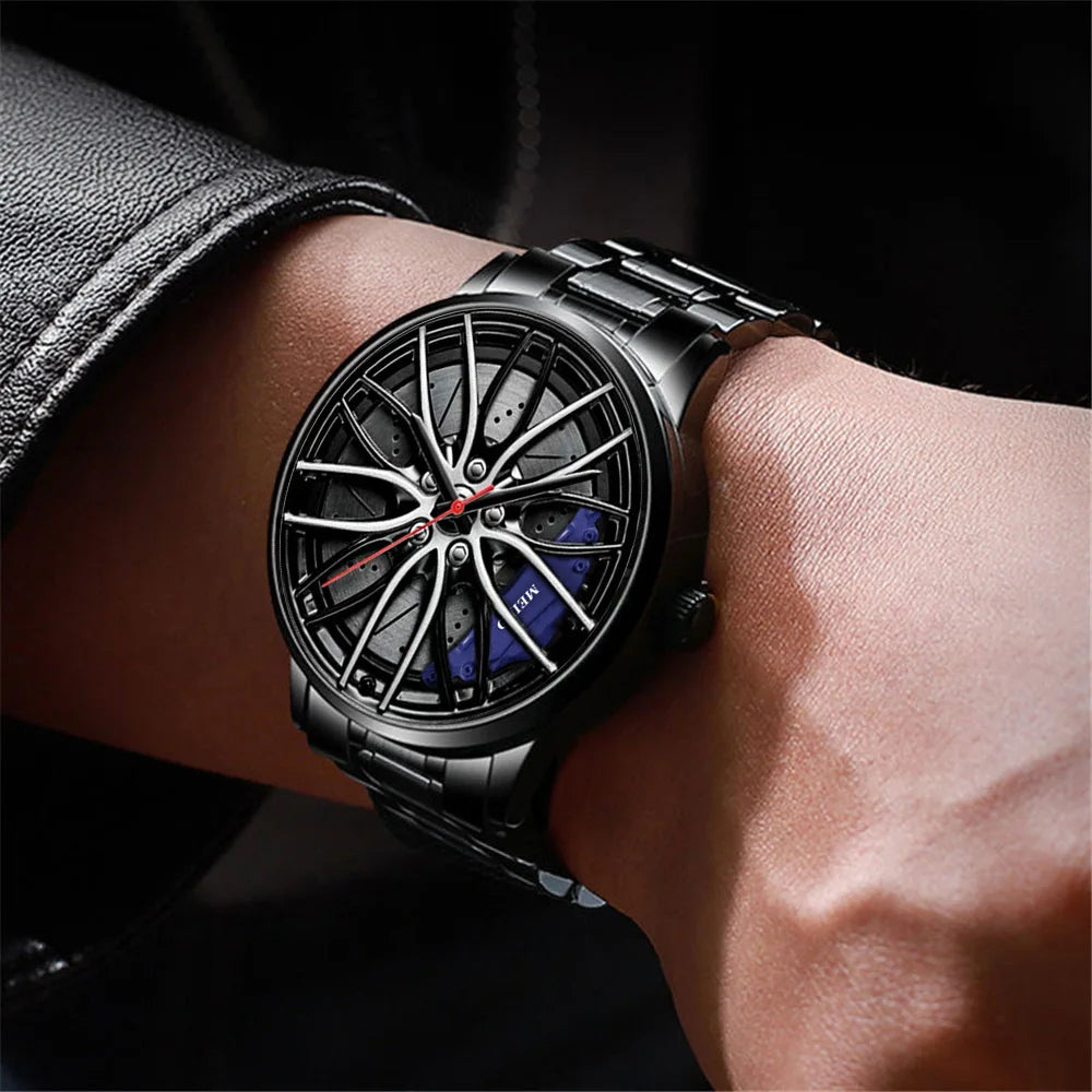 New Fashion Men Leather Watches Men Car Wheel Hub Stainless Steel Quartz Watch For Mens Military Sports Watch Relogio Masculino