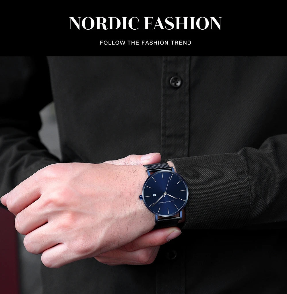 Men Dropshipping Wristwatch Hannah Martin Japan Movement 40mm Blue Minimalist Casual Leather Top Brand 3Bar Luxury Watch for Men