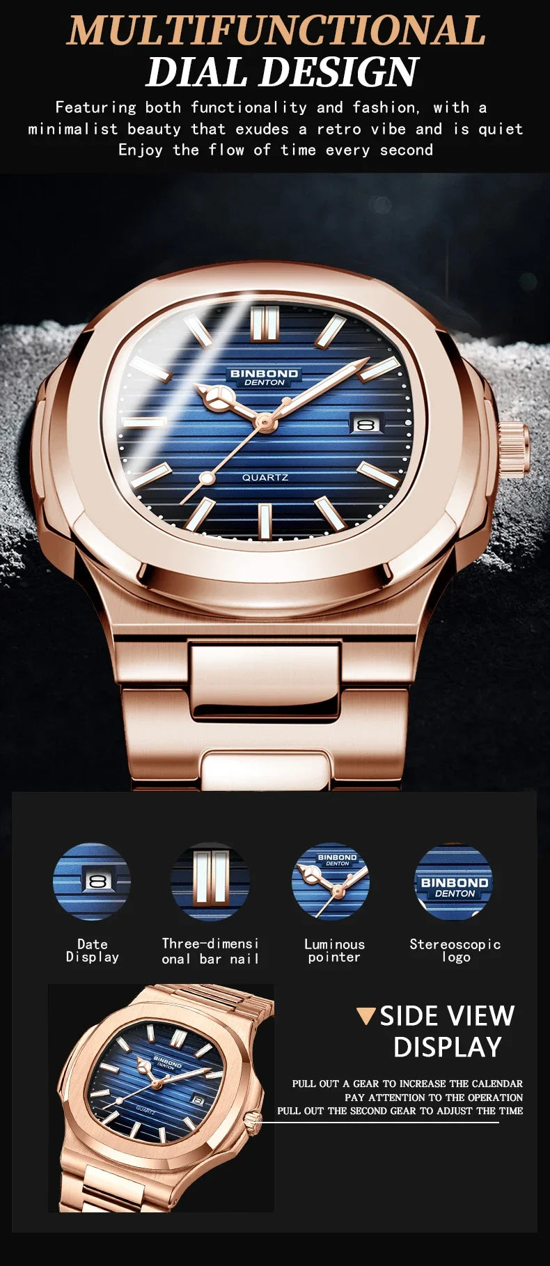 New Casual Business Fashion Quartz Wristwatches Rose Gold Clock Men Luxury Watch Automatic Watches Mens Black Relogio Masculino