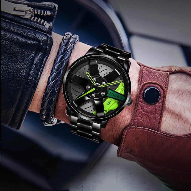 New Fashion Men Leather Watches Men Car Wheel Hub Stainless Steel Quartz Watch For Mens Military Sports Watch Relogio Masculino