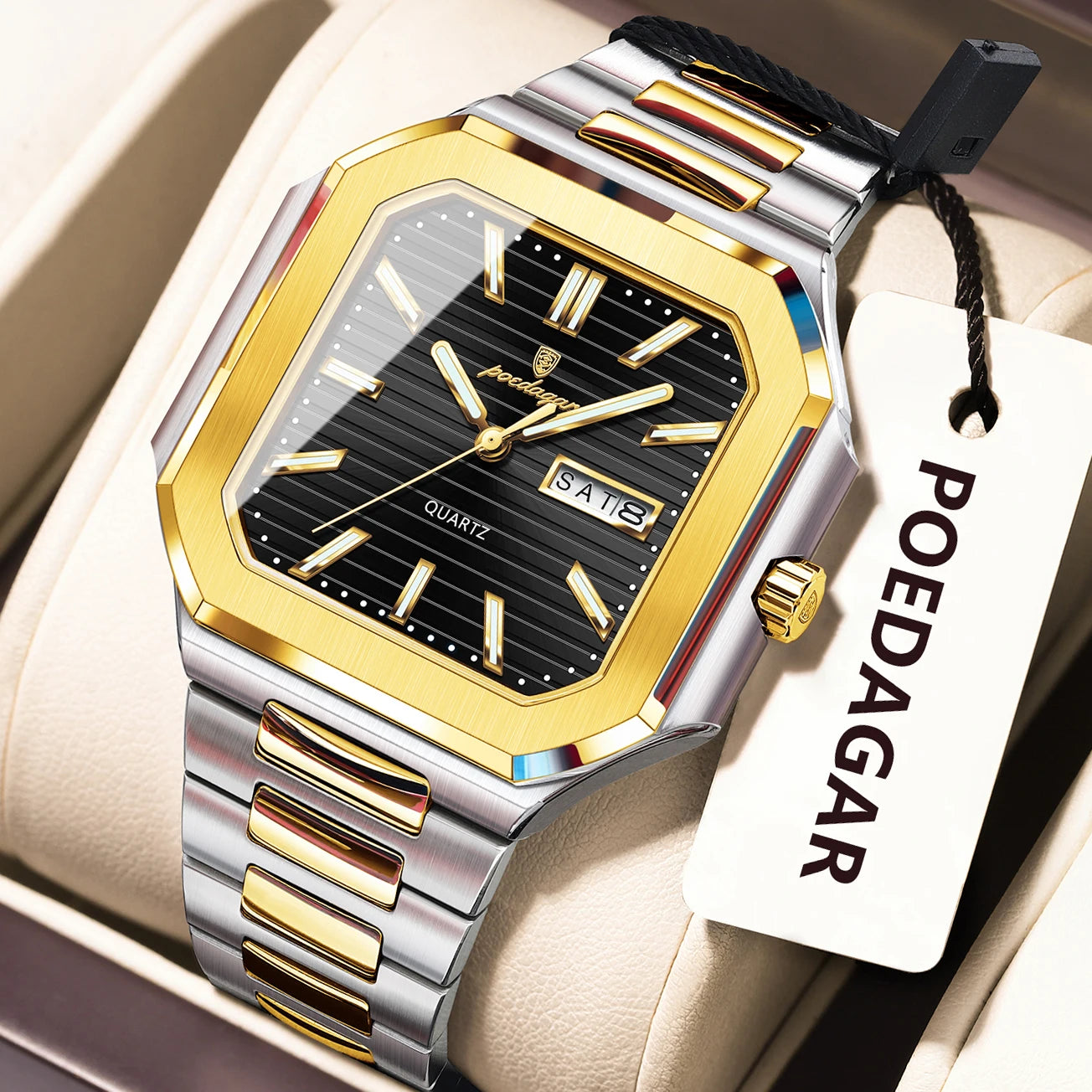 POEDAGAR Top Luxury Brand Male Watch Waterproof Luminous Date Week Quartz Men's Watches Stainless Steel Fashion Square Men Watch