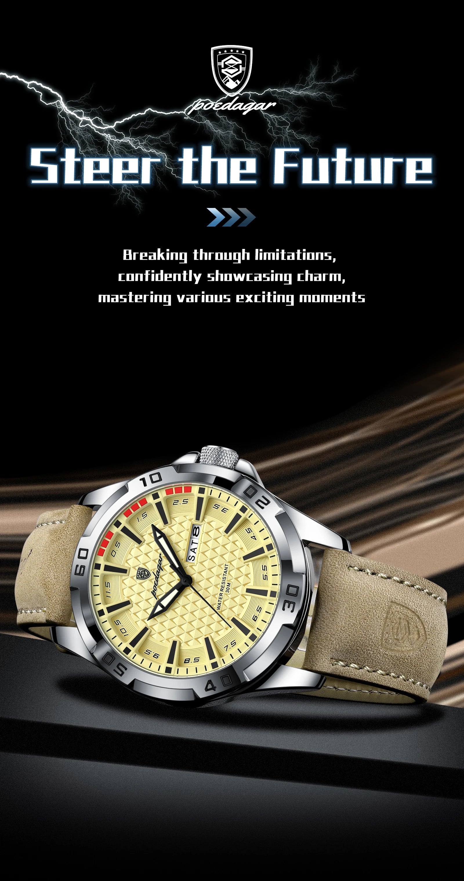 POEDAGAR Top Casual Sports Men Watch Waterproof Luminous Date Week Fashion Watch For Man Leather Classic Men's Quartz Wristwatch