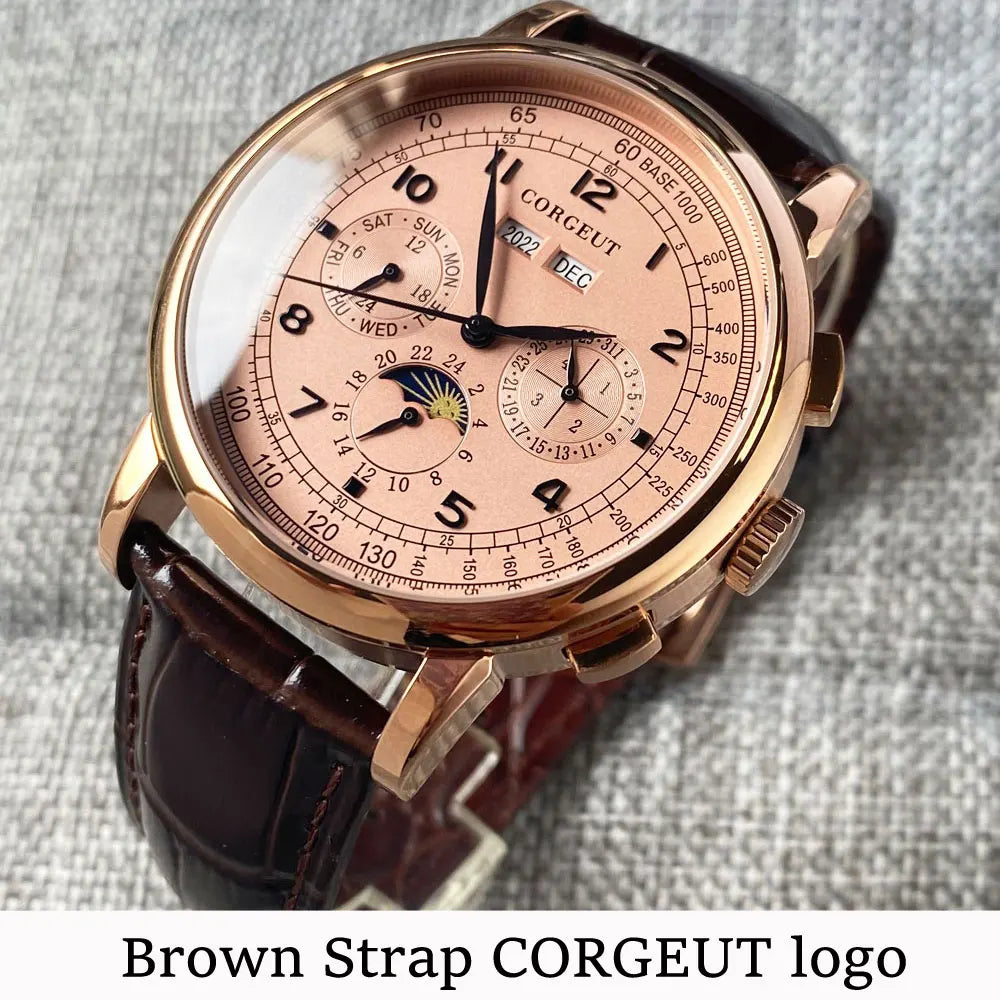 Corgeut 42mm Automatic Men's Watch Date Day Month Year Salmon Dial Multifunction 316L Leather Strap Polished Case Day Night