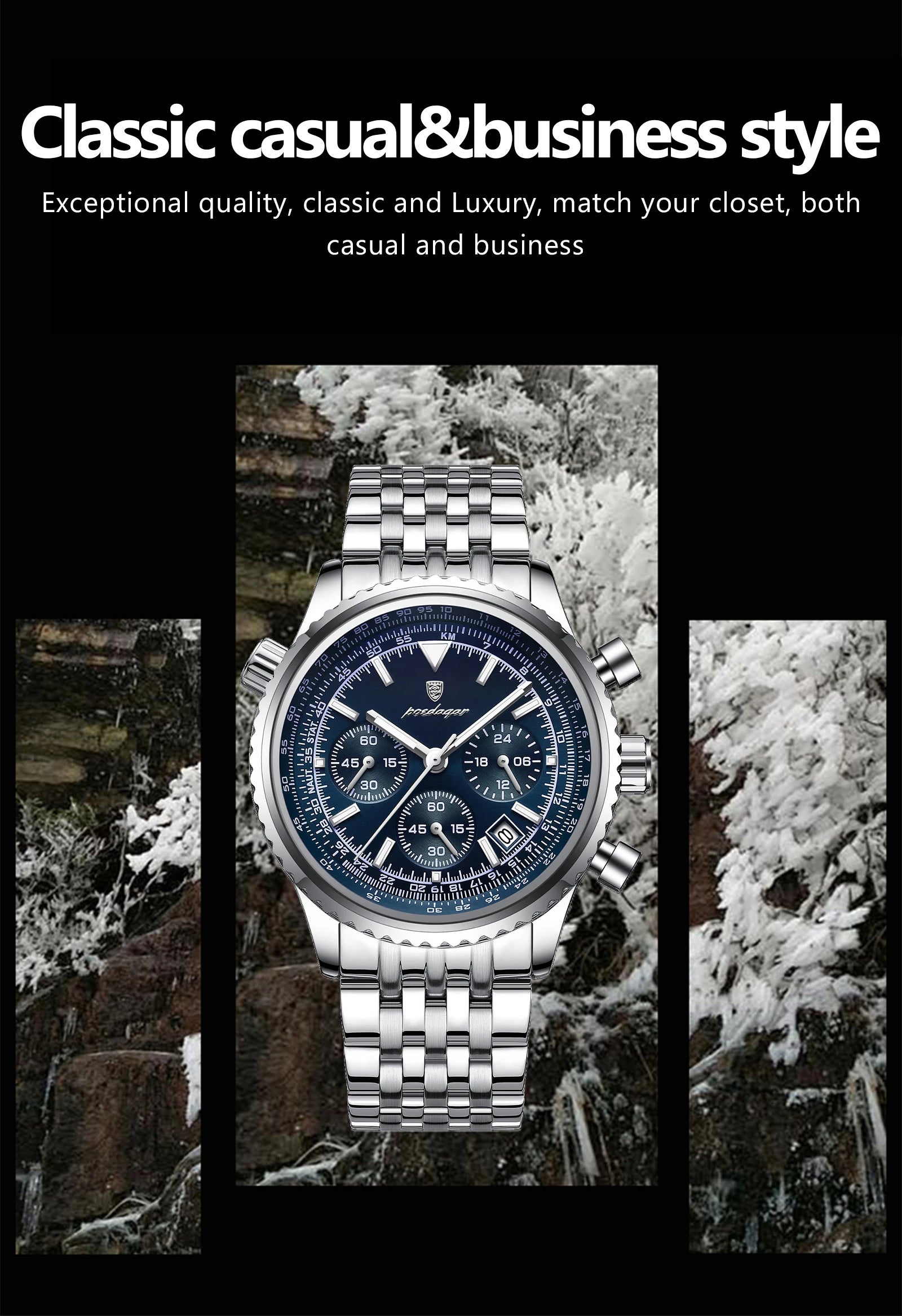 POEDAGAR Luxury Sport Man Watch Chronograph Date Waterproof Luminous Men's Quartz Watches Stainless Steel Fashion Men Wristwatch