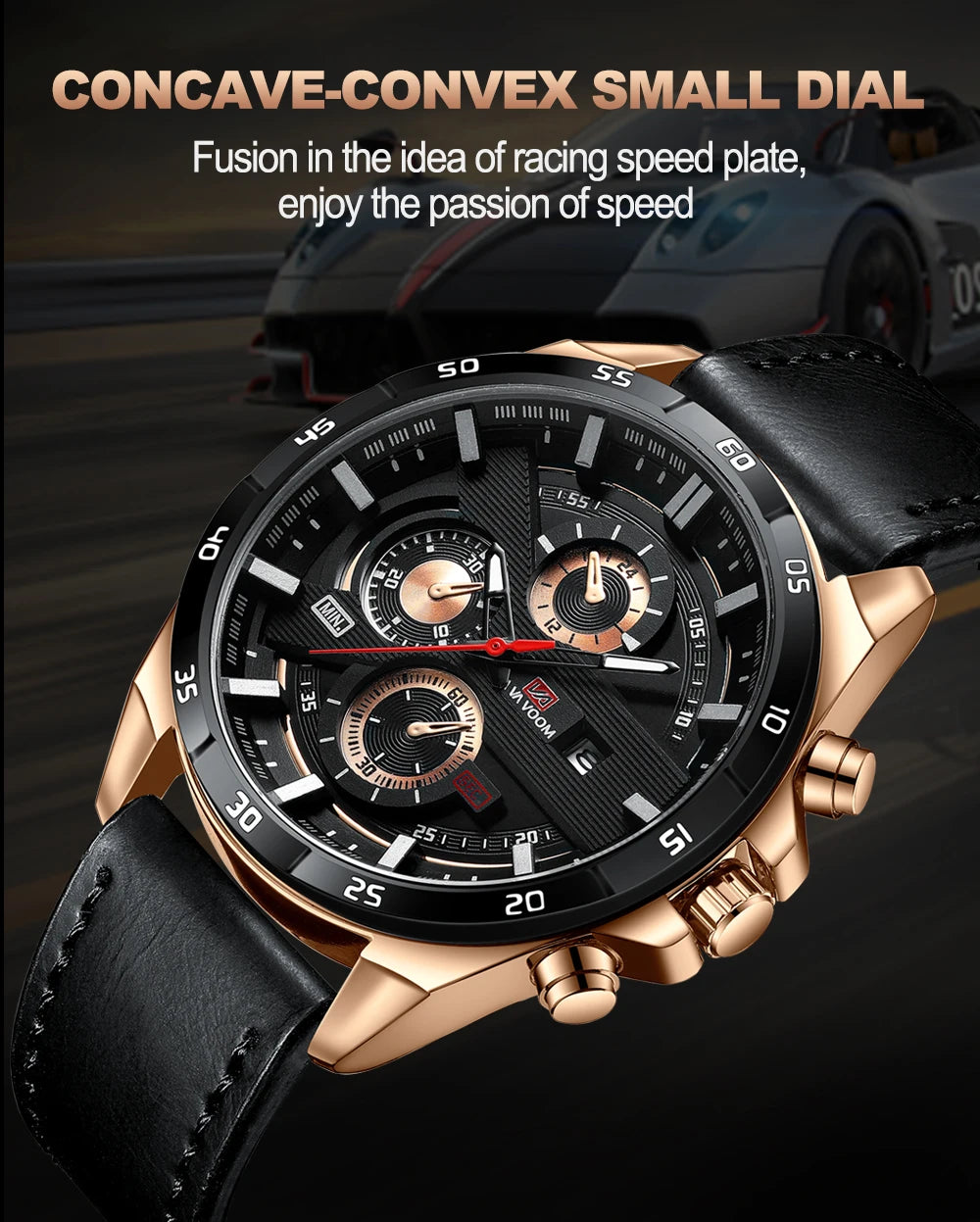 Man Sports Watches Fashion Racing Series 46mm Black Leather Clock VA VA VOOM Quartz Movement 3Bar Waterproof Wrist Watch for Men