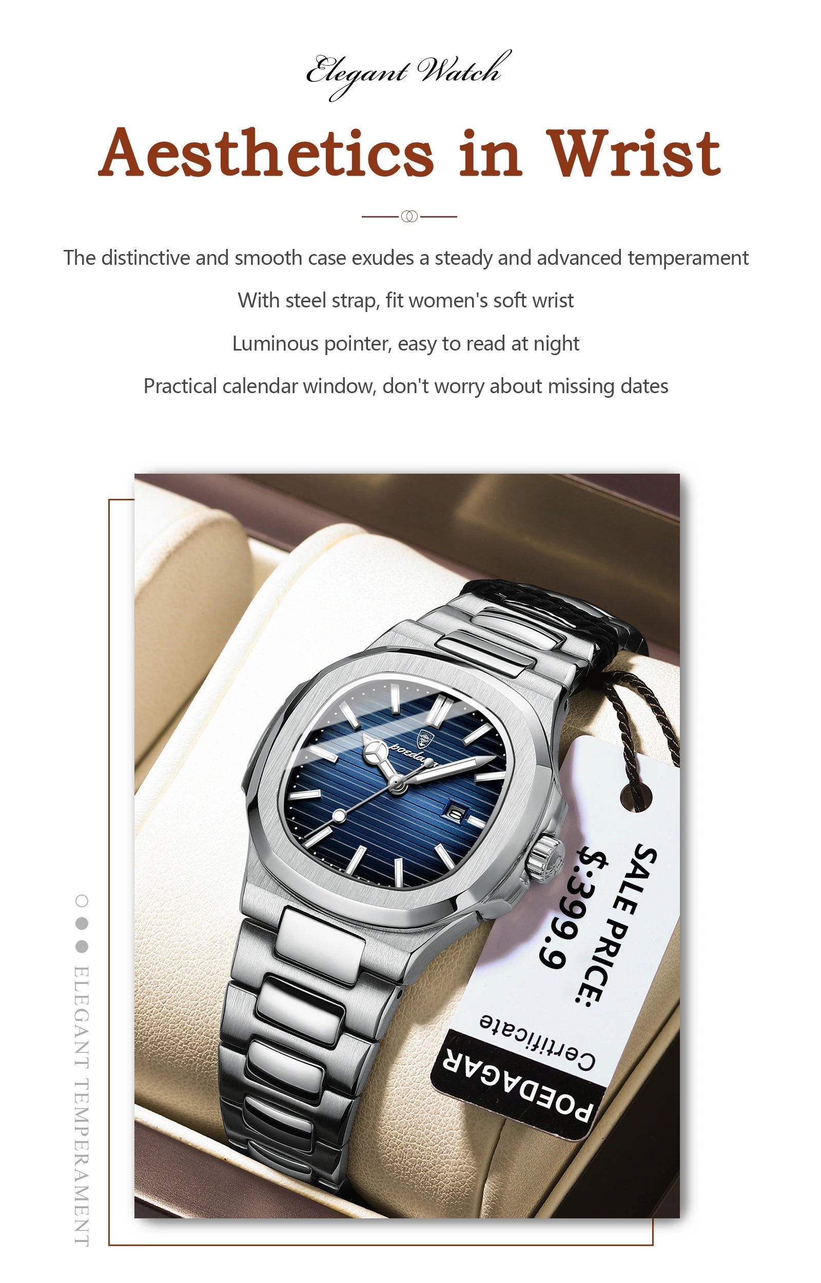 POEDAGAR Luxury Woman’s Quartz Watch Date Waterproof Luminous Ladies Wristwatch Stainless Steel Fashion Watches For Women Reloj