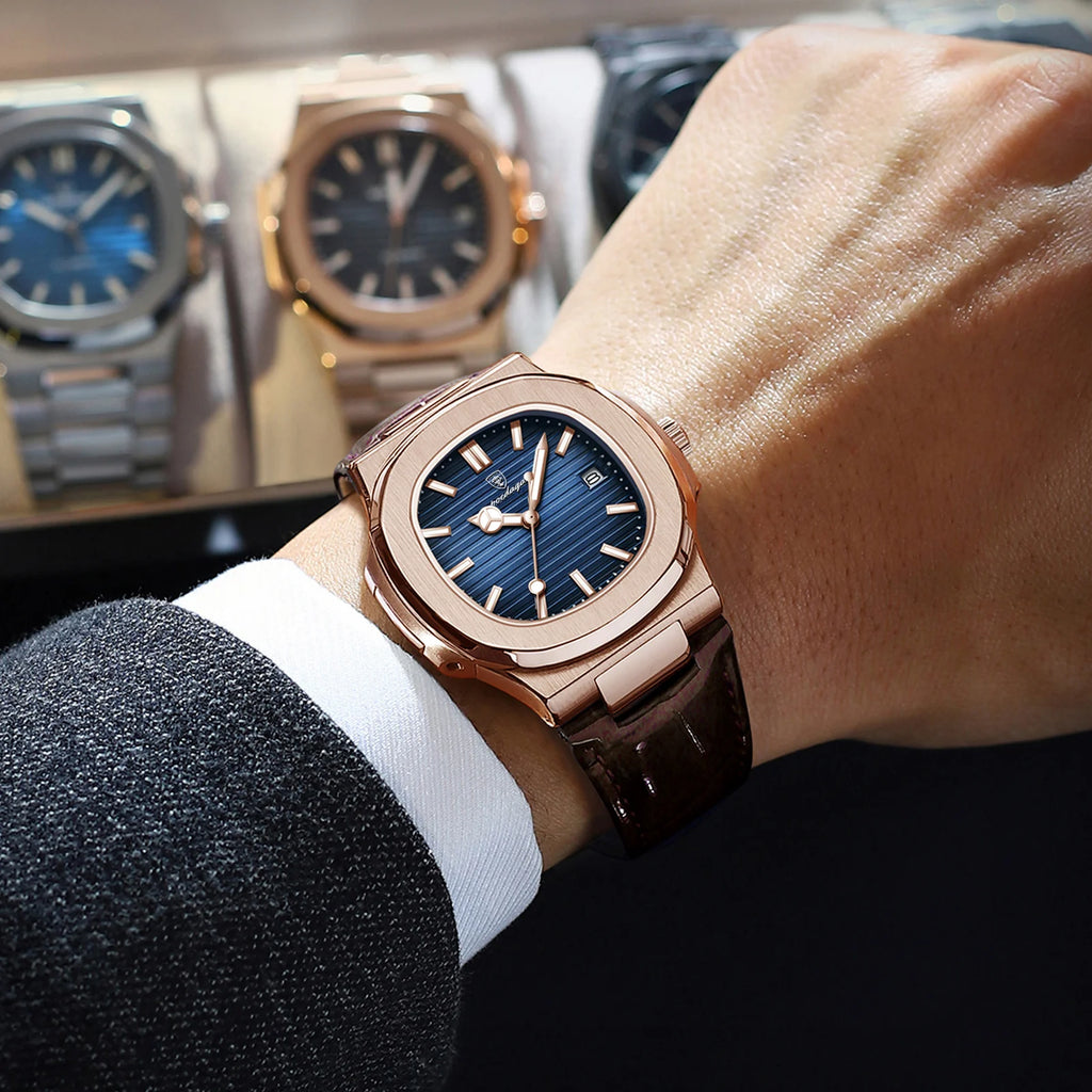 POEDAGAR Business Man Watch Date Waterproof Luminous Leather Classic Watches For Men High Quality Square Quartz Men's Wristwatch