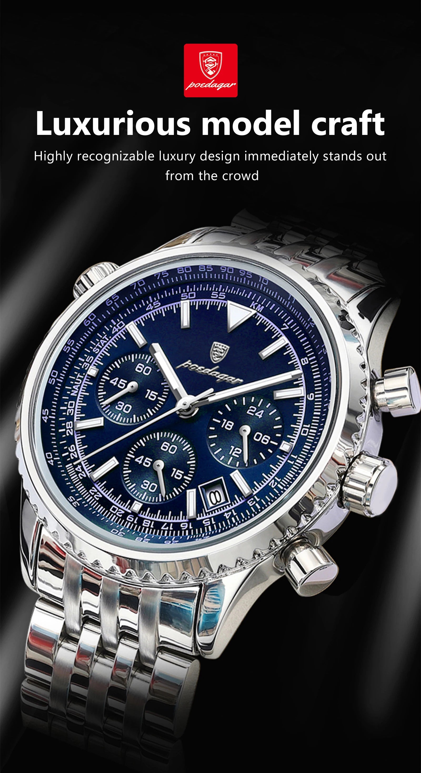 POEDAGAR Luxury Sport Man Watch Chronograph Date Waterproof Luminous Men's Quartz Watches Stainless Steel Fashion Men Wristwatch