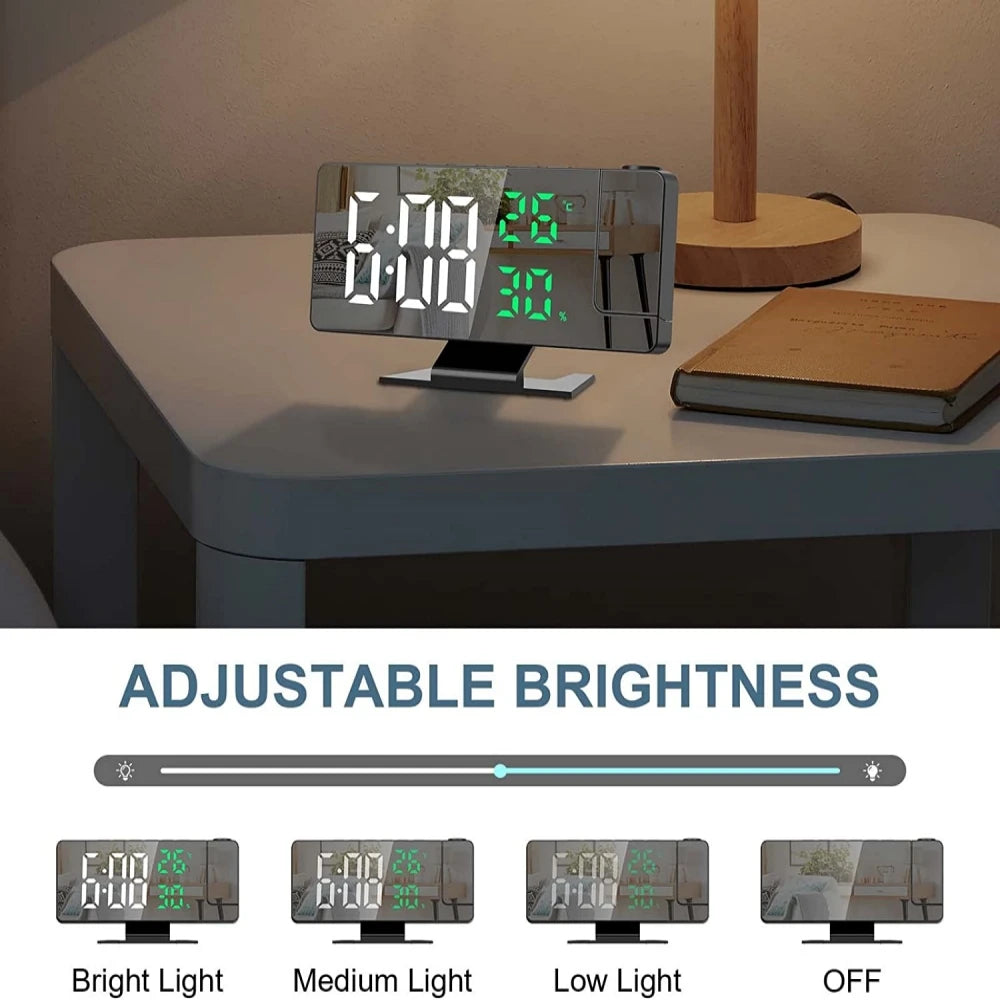 180° Rotation Projection Digital Alarm Clock Temperature Humidity Night Mode Snooze 12/24H USB Powered Projector Table LED Clock