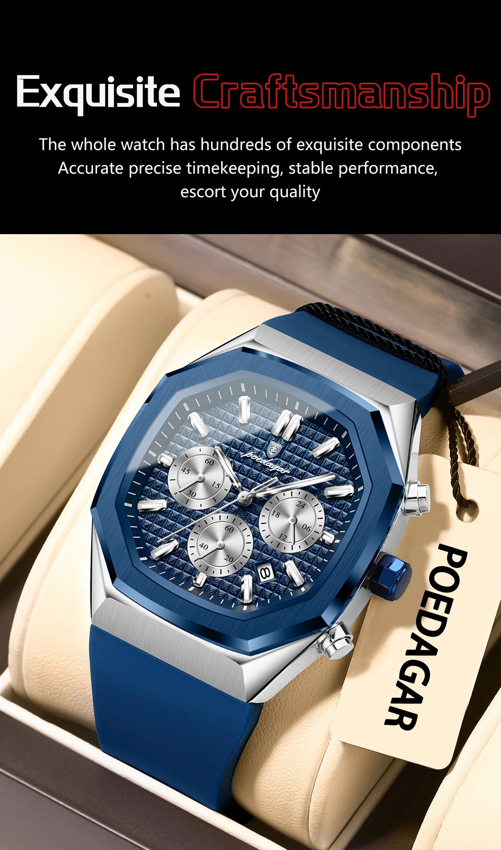 POEDAGAR Business Men's Wristwatch Chronograph Date Silicone Strap Man Watch Waterproof Luminous Military Quartz Watches For Men