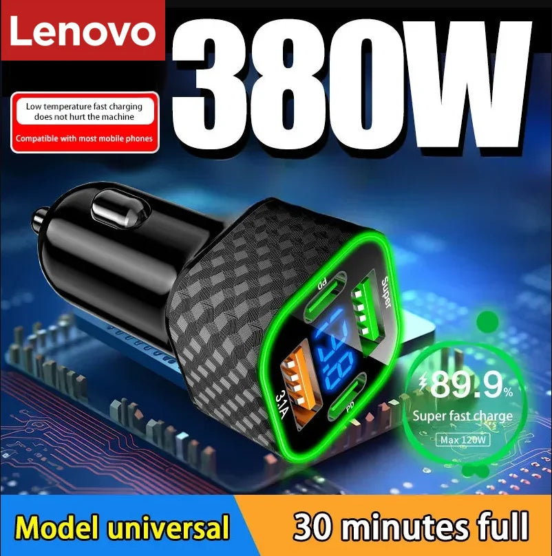 Lenovo carg SUPER FAST Car Charger 380W 4 in 1 USB Cigarette Lighter Adapter with QC3.0 All Cars Trucks SUV Universal Power Charging