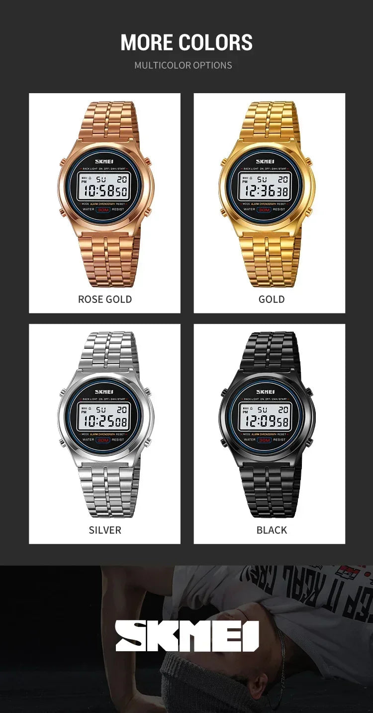 SKMEI 2146  Stainless Steel Men Waterproof Date Alarm Wriswatch reloj hombre Back Light Display Stopwatch Digital Sport Watches