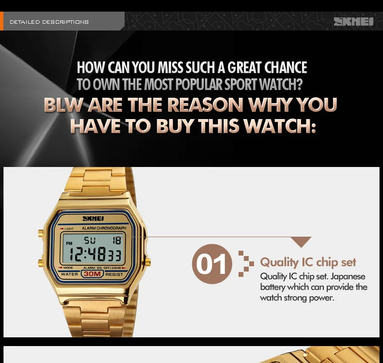 Skmei 3Bar Waterproof Digital Watch Reloj Hombre For Casual Sport 1123 Fashion Men Stainless Steel Strap LED Display Watches