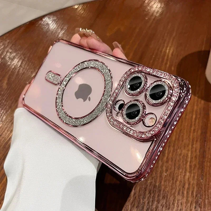 New Fashion Glitter Diamond Transparent Case For iPhone 17 16 15 14 13 11 12 Pro Max Funda Magnetic Wireless Charge Bumper Cover