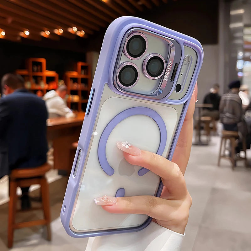 Luxury Matte Translucent Armor Shockproof For Magsafe Bracket Case For iPhone 17 16 15 14 13 12 Pro Max 17 Wireless Charge Cover