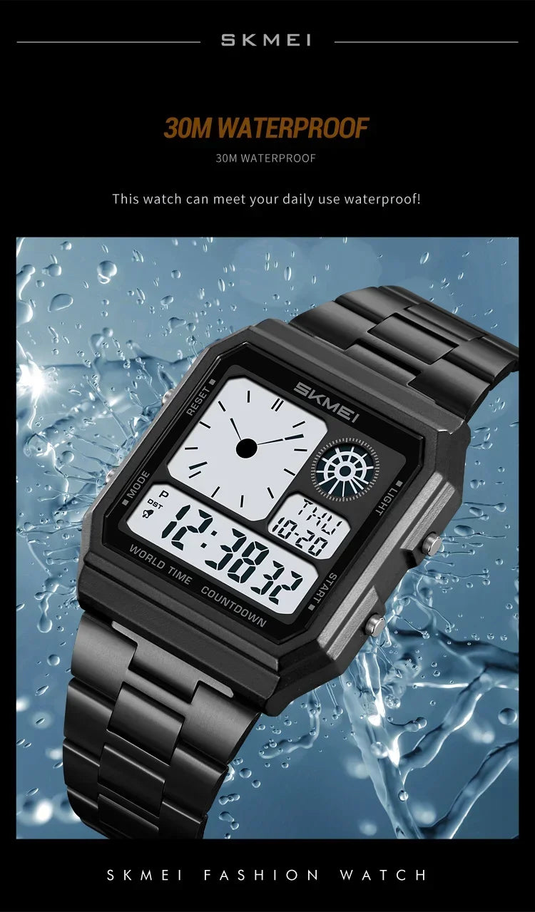 SKMEI 2353 Waterproof Outdoor Sport Stainless Steel Strip Wristwatches Reloj Hombre World Digital Electronic Watch For Men Women