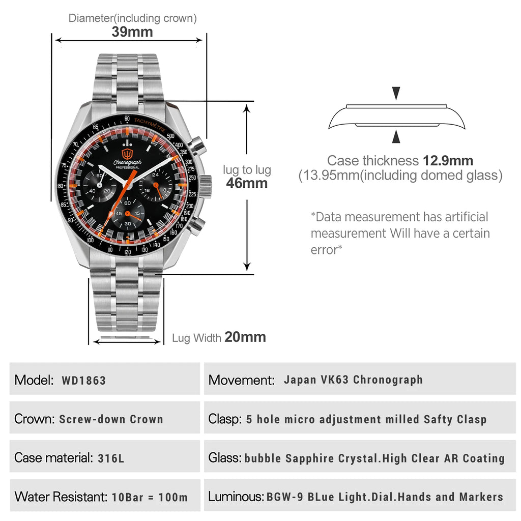 Watchdives WD1863 Quartz Watch VK63 Chronograph Movement Bubble Sapphire Crystal 10Bar Waterproof Luminous 39mm Vintage Watches