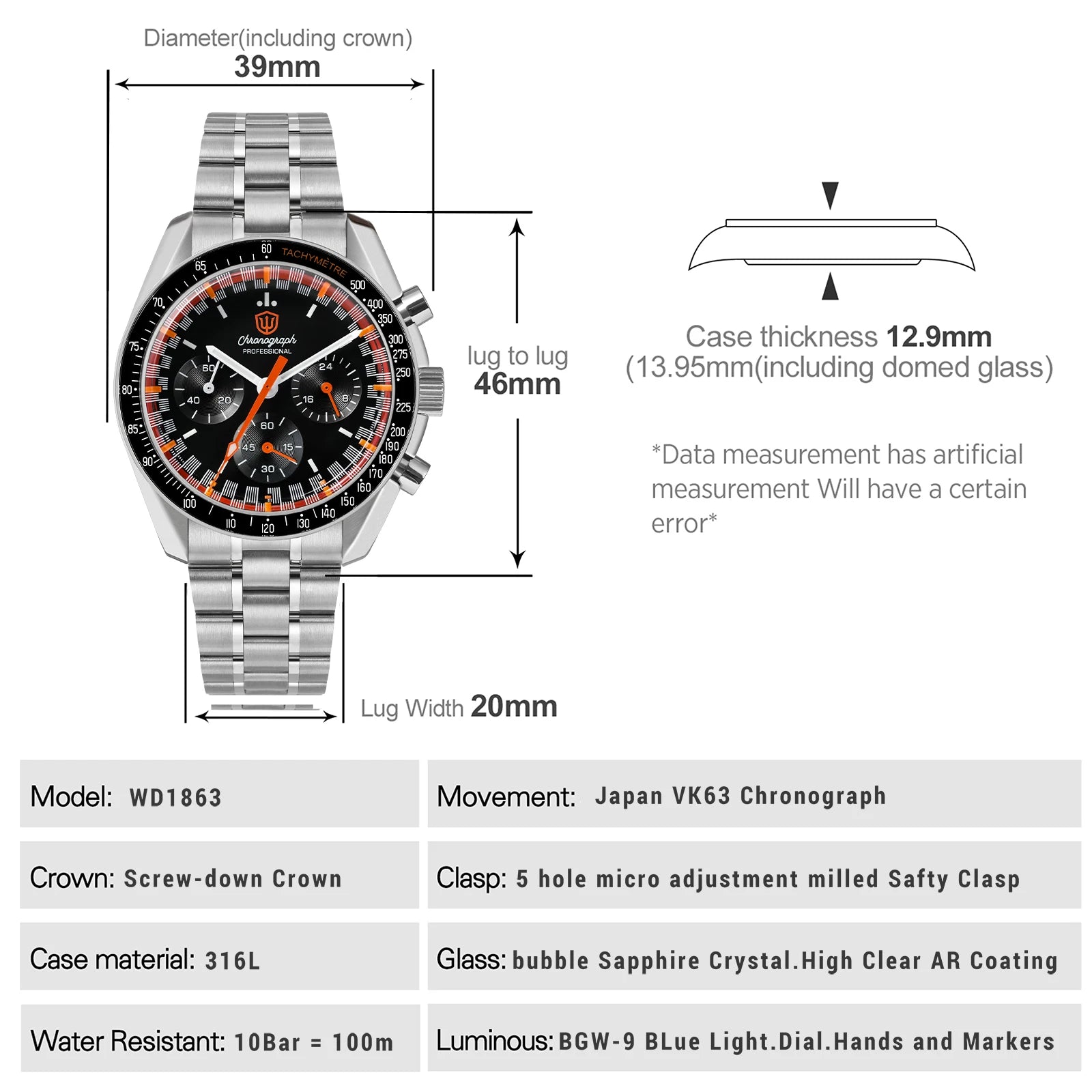 Watchdives WD1863 Quartz Watch VK63 Chronograph Movement Bubble Sapphire Crystal 10Bar Waterproof Luminous 39mm Vintage Watches