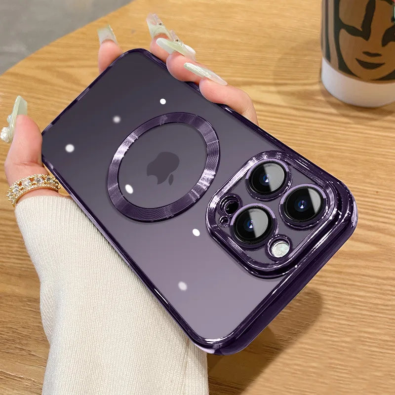 Magnetic Plating Case For iPhone 15 16 14 Plus 13 12 11 Pro Max E Camera Lens Protector Glass For Magsafe Wireless Charger Cover