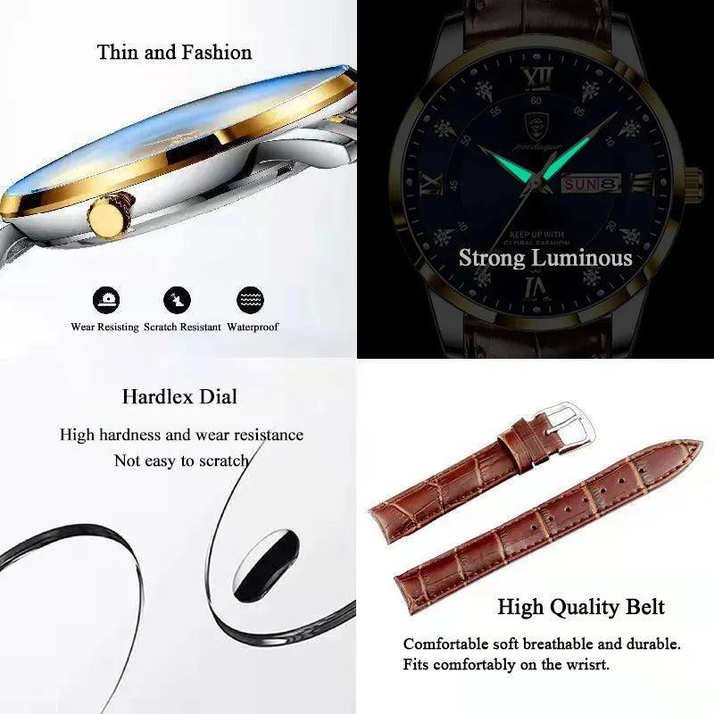POEDAGAR Original High Quality Men Watch Waterproof Luminous Leather Sports Man Wristwatch Quartz Stylish Casual Watches For Men