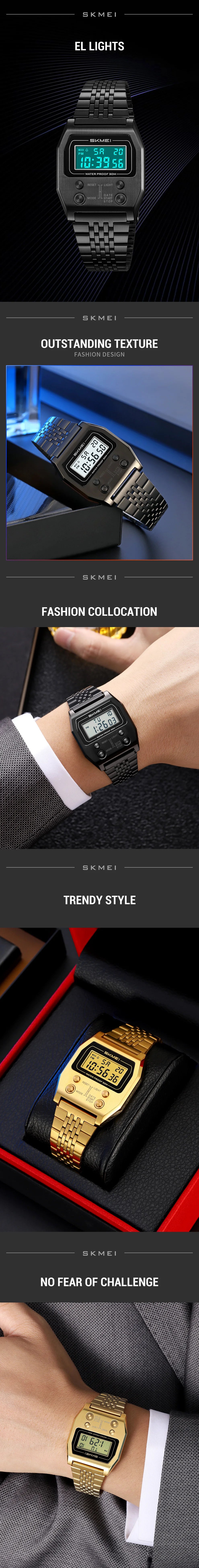 SKMEI 2460 Fashion Male LED Electronic Waterproof Stainless Steel Digital Mens Wristwatches Sport Watch for Men Reloj Hombre