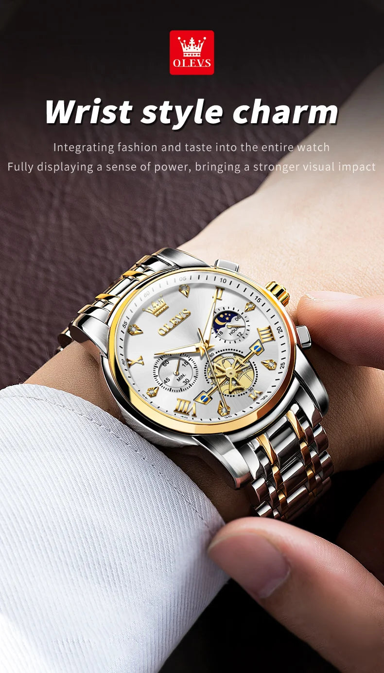 OLEVS 2856 Quartz Watch for Men Flywheel Skeleton Chronograph Moon Phase Multifunctional Stainless steel Men's Wristwatches