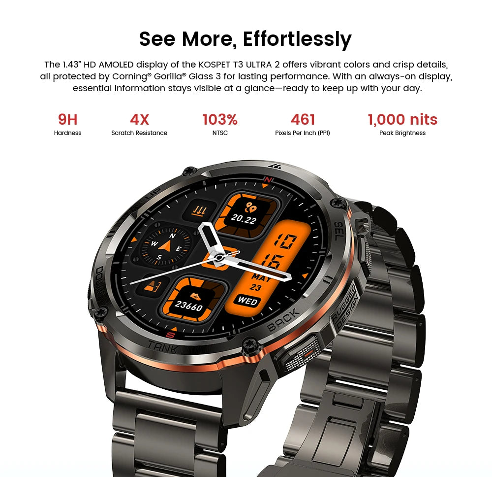 KOSPET TANK T3 Ultra 2 GPS Smart Watches Men Compass Altimeter Barometric 5ATM IP69K Waterproof AMOLED Bluetooth Call Mens Watch
