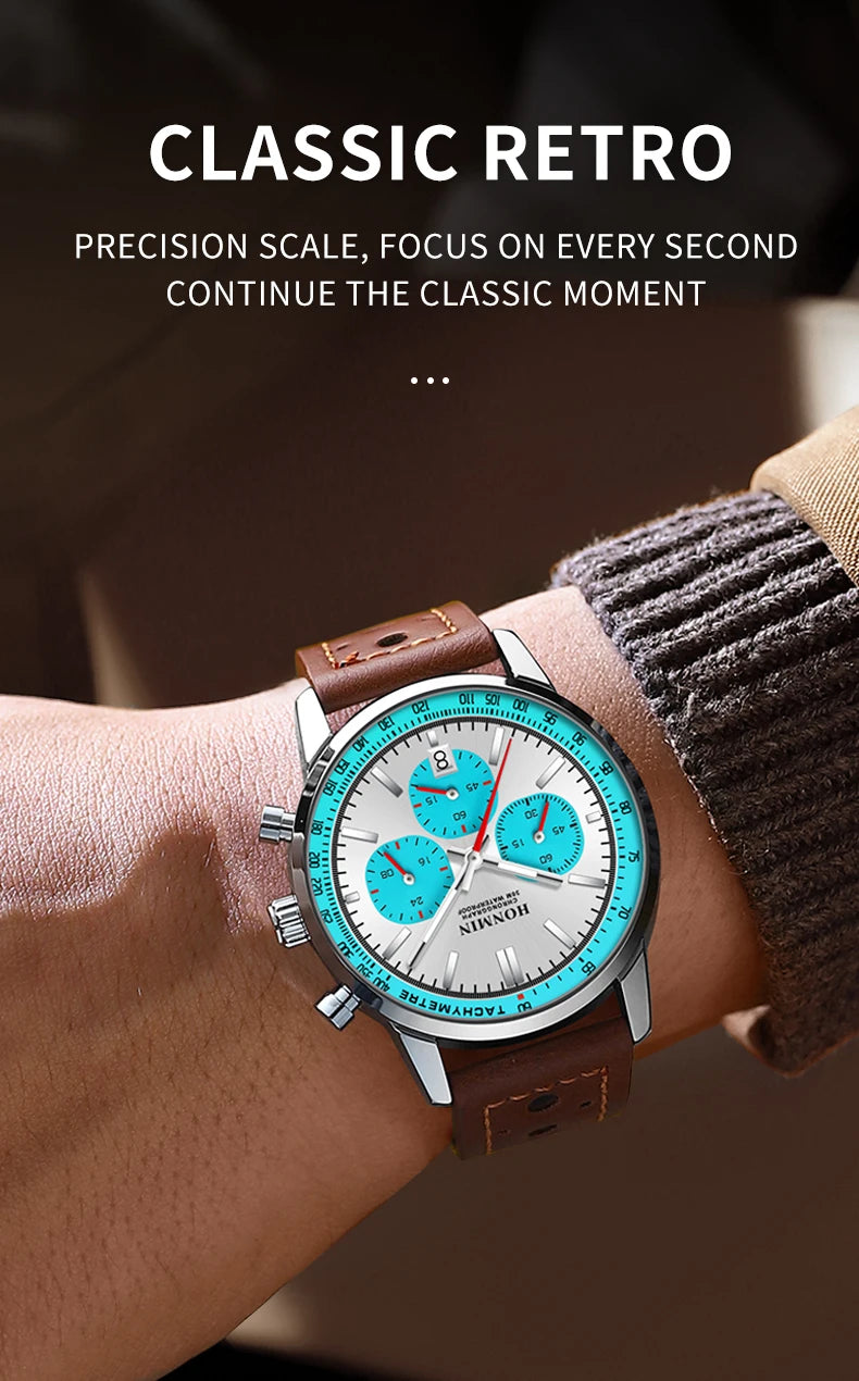 HONMIN Man Luxury Watch High Quality Waterproof Chronograph Luminous Men's Wristwatch Leather Men Quartz Watches Casual Clock