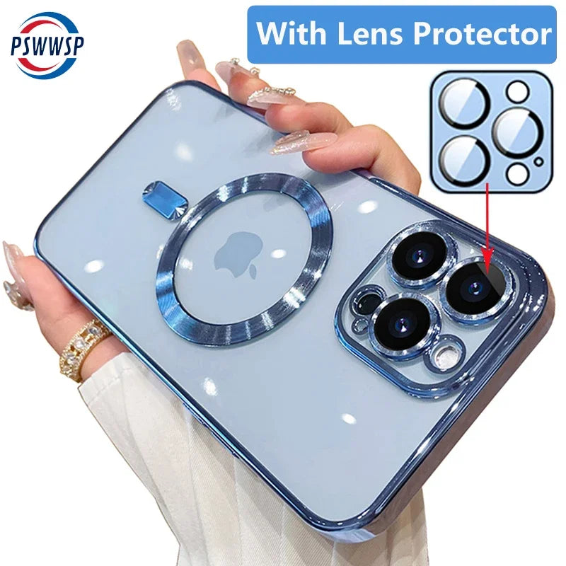 Luxury Plating For Magsafe Case For iPhone 16 15 14 13 12 11 Pro Max Wireless Charge Magnetic Cover With Camera Lens Protector